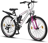 Licorne Bike Guide Premium Mountainbike in 24 Zoll - Fahrrad für Mädchen, Jungen, Herren und Damen - Shimano 21 Gang-Schaltung - Weiß/R