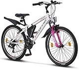 Licorne Bike Guide Premium Mountainbike in 24 Zoll - Fahrrad für Mädchen, Jungen, Herren und Damen - Shimano 21 Gang-Schaltung - Weiß/R