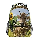 ADMustwin Schulrucksack mit Tierkuh, Sonnenblume, Blumenmuster, Reisen, Schulter, Büchertasche, leicht, wasserdicht, College-Laptop-Rucksack, E