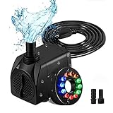 Aquariumpumpe Kleine 15 Watt 750L / H mit Abnehmbar 2 Düsen(13mm/8 mm) und 12 Farbe LED Licht, Teichpumpe Mini Wasserpumpe für Aquarien, Teich, Brunnen, G