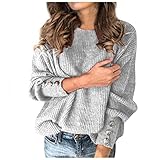 XUNN Damen Pullover O-Ausschnitt Strickpullover Einfarbig Vintage Stricken Pulli Sexy Langarmshirt Sweater Knopfärmel Ob