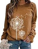 Dresswel Damen Löwenzahn Sweatshirt Langarmshirt Pusteblume Drucken Pullover Herbst Winter Bluse Tops Oberteile (Khaki, M)