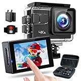 Action Cam 4K / 60fps 20MP, Touchscreen mit 8X Zoom Wi-Fi Kamera, Gyroskop Anti-Shake, 40m wasserdichtes Gehäuse, Kameratasche, Fernbedienung, 2x1050mAh Akk