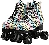 ZXM Frauen Leopard Roller Skates, Klassische hochkarätige Quad-Räder Rollschuhe, Outdoor-Skate Roller-Vierrad-Muster-Rollschuhe for Erwachsene Frauen Männer (Farbe : Black Wheels, Size : 39)