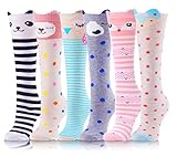 ANTSANG Mädchen Kniestrümpfe 6 Paar für Kinder Geschenke Lange Lustige Kindersocken Tier Baumwolle Socken 3-12 Jahre(Tierstreifen A,3-12 Jahre)