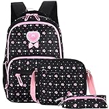 Schulranzen für Mädchen, primär, CP Kinder, Schulrucksack, CE2, Elementar, 3-teiliges Set, mit Lunchtaschen und Tasche für CE1 CM1 CM2 Studenten, Rosa Schwarz 1, one size,