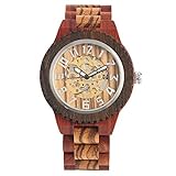 PLUIEX Holzuhr Mechanische Uhr Herren Holzuhren Automatikuhren Top Marke Luxus Royal Full Holzband Armbanduhren, rotes H