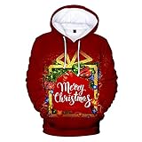 Weihnachtspullover mit langen Ärmeln, Xmas 3D Funky Ugly Print Kapuzenpullover Sweatshirt für Party, rot, 42