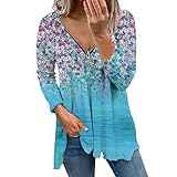 T-Shirt Damen V-Ausschnitt Reißverschluss Bluse Blumen Drucken Tunika Langarm/Kurzarm Tops (Hellblau, XXL)