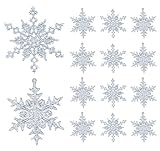 36 Stück Schneeflocken Weihnachten Deko Anhänger, Kunststoff Weihnachtsbaumschmuck Set Schneeflockendeko für Weihnachtsbaum Glitzer Christbaumschmuck Silb