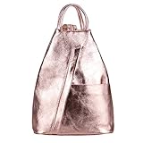 OBC Made in Italy Damen echt Leder Rucksack Lederrucksack Tasche Schultertasche Ledertasche Daypack Backpack Handtasche Nappaleder (Rosa-Metallic)