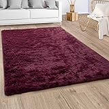 Paco Home Hochflor Teppich Wohnzimmer Fellteppich Kunstfell Shaggy Flauschig Bordeaux Rot, Grösse:160x220
