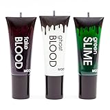 Moon Glow Halloween Multipack 20 x Kunstblut, 20 x grüner Schleim, 20 x Geisterblut Perfekt für Halloween, Vampir, Zombie Dress Up Special FX Make-up mit Applik