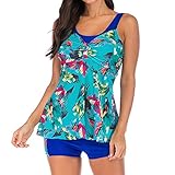 MRULIC 2 Pieces Damen Tankini Set Badeanzug Tank Top Bikini Swimsuits Mit Short Bademode Badekleid Strandkleid Neckholder Einteiliger Push Up Hotpants Bauchweg(Blau,EU-48/CN-5XL)