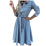 Denim Midi Kleider für Frauen Einreiher Hemdkleid Lace Up Swing Kleid Elegantes Abendkleid D