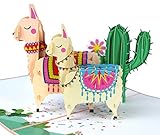 MOKIO® Pop-Up Karte – Lamas mit Kaktus – 3D Geschenkkarte zum Geburtstag, als Gutschein oder für Geldgeschenke, handgefertigte Klappkarte mit Umschlag