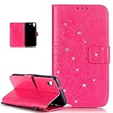 Kompatibel mit HTC Desire 626G Hülle,ikasus Strass Glänzend Prägung Blumen Reben Schmetterling Muster PU Lederhülle Handyhülle Taschen Flip Wallet Ständer Etui Schutzhülle für HTC Desire 626G,Rose R