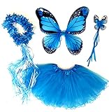 Tante Tina Schmetterling Kostüm Mädchen - 4-teiliges Mädchen Kostüm Schmetterling mit Tüllrock , Flügel , Zauberstab und Haarreif - Monarchfalter Blau - geeignet für Kinder von 2 bis 8 J