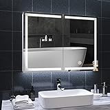 DICTAC spiegelschrank Bad mit LED Beleuchtung und Steckdose doppelspiegel 80x13.5x60cm badschrank mit Spiegel Metall spiegelschrank mit ablage,3 Farbtemperatur dimmbare,Berührung S