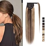 SEGO Ponytail Pferdeschwanz Haarteil Zopf extensions Haarverlängerung clip in Pony echthaar remy Hair Piece Mittelbraun/Honigblond 14'(35cm)-70g
