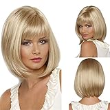 Kurze Bob Gerade Blonde Gemischte Perücken für Frauen Damen Synthetisches Volles Haar Natürliche Gold Perücke mit Pony für Cosplay Kostüm oder Alltag (Gold)