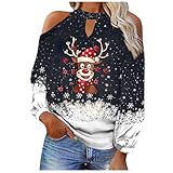 Eaylis Damen V-Ausschnitt Langarm T-Shirt Weihnachten Sexy Off Shoulder Weihnachtspullover Lässig Elch Weihnachtsbaum Drucken Teenager Mädchen Lose Christmas Sweatshirt Pulli Ob