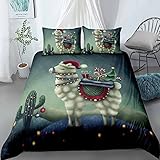 Weihnachten Alpaka BettwäSche Set 200x200 - Cartoon Kaktus 3D Bedruckt Bettbezug GrüN Mikrofaser Polyester BettwäSche MäDchen Junge Kinder Teenie Bettwasche - 3 Teilig (1 Bettbezug 2 Kissenbezügen)