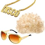 Gejoy Hippie Kostüm Set Funky Afro Perücke Sonnenbrille Halskette für 50/ 60/ 70 Jahre Thema Party (Stil C)