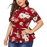 BUKINIE Damen Plus Size Floral Blusen Schößchen Top Rüschen Kurzarm Casual Rundhals Flowy Tunika Shirts Sommer Tee, rot, XXL