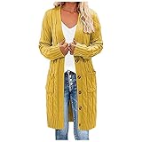 Einfarbig Lang Strickmantel Damen Gestrickt Lose Cardigan Wintermantel Causal Parkajacke Outwear mit Taschen Langarm Strickjacke Herbst Knöpfen Pullover Streetwear Strickcardigan Lang M