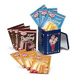 Dr. Oetker gefüllte Jubiläumsdose „Pudding-Page“ das perfekte Geschenk für Puddingliebhaber: Aufbewahrungsbox mit Dr. Oetker Original Pudding Vanille-Geschmack, feinherbe Schokolade, Mandel-Geschmack