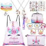 RHCPFOVR Einhorn Geschenke für Mädchen 5 Pack - Einhorn Kordelzug Rucksack/Make-up Tasche/Einhorn-Halskette/Einhorn-Armband/Haarg