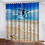 MXYHDZ Blickdicht Vorhang für Schlafzimmer - Strandseesterne und Muscheln - 3D Druckmuster Öse Thermisch isoliert - 200 x 160 cm - 90% Blickdicht Vorhang für Kinder Jungen Mädchen Sp