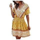 Masrin Damen A-Linie Kleid Mode Boho Blumendruck Swing Kleid Bequemes Kurzarm V-Ausschnitt Knielanges Kleid Empire Skater Kleid Strandkleid(XL,Gelb)