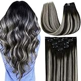 LaaVoo Balayage Haarverlängerung Clip in Echthaar Schwarz Balayage Silber Ombre Schwarz Remy Clip Echthaar Extensions Silber Extenisons Clip in Ombre Voller Kopf Clip in Secret Tressen 70g 5PCS 50