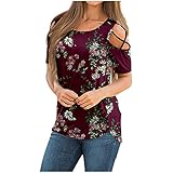 BUDAA Damen Schulterfrei Tops Sommer Druck Kurzarm Strappy Cold Shoulder T-Shirt Mode Sexy Casual Shirt, wein, X-Larg