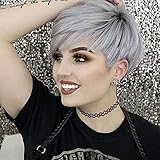 Creamily Kurze Pixie Cuts Haar Perücke Kurze Grau Natürliche Synthetische Perücke mit Pony Kurze Perücke für D