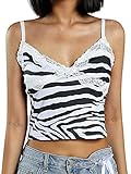 SUPJAN Damen-Oberteil im Batikdesign, ärmellos, tiefer V-Ausschnitt, Spitze, Y2K, Patchwork, schmale Passform, bauchfrei, Streetwear, schwarz / weiß, Larg