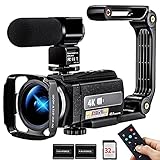 TOPLDSM 4K Videokamera Camcorder UHD 48MP Wi-Fi IR Nachtsicht 16X Digital Zoom Recorder 3,0' IPS Touchscreen Vlog Kamera für YouTube mit Mikrofon Handstabilisator Gegenlichtblende, 32 GB SD-Karte, B