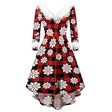 PcLeam Damen Kleider Weihnachten Weihnachtskleid Langarm V-Ausschnitt Christmas Party Weihnachts KostüM Druckena-Linie Vintage Abendkleid Rockabilly Kleid Ballkleid Karneval(A2 rot,XL)