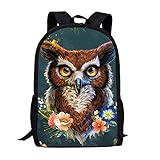 Poceacles Kinder-Rucksack, Schulrucksack, Büchertasche, für Jungen und Mädchen, lässiger Rucksack, Laptop-Rucksack für Reisen, Wandern, Eule, floral, mehrfarbig, Einheitsgröß