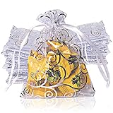 AISHN 100 Stück Organza-Geschenkbeutel, 9 x 12 Geschenkbeutel mit Kordelzug, für Süßigkeiten, Schmuck, Party, Hochzeit, Geschenktüten und Dankeskarte, etc. (Silber)