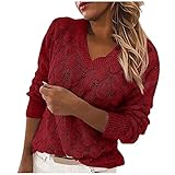 XUNN Damen Tops V-Ausschnitt Mode Einfarbig Feder Hohl Langarm Pullover Top Frauen Einfarbig Aushöhlen Sexy Langarm Pullover Sweater Pulli Ob