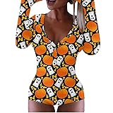 WENZHOU Halloween Weihnachten Damen Jumpsuit mit Knopfleiste im 90er-Jahre-Print Kurzarm V-Ausschnitt Stretch Eng Pajamas Bodycon Einteilige Streetw