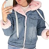 ABUCIYO Damen Jeansjacke mit Pelz Winter Jeans Warme Kapuze Sweatjacke Kragen Gepolsterte M