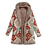 Fannyfuny Plüsch Hoodie Damen Kapuzenjacke im Retro ethnischen Stil mit Totem Druck Herbst Winter Warmer Fleece Mantel Strickjacke mit Knöpfen Langarm Oberbekleidung Kapuzenp