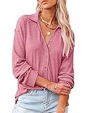 T-Shirt Damen Einfarbig Bluse Knopfleiste Oberteile Revers Tunika Langarm Tops Elegant Hemd Casual Lockere Longshirt R