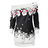 Lazzboy Frohe Weihnachten Santa Snowflake Print Tops Langarm Bluse Frauen Schneeflocke Schalkragen Weihnachtspullover Kapuzenpullover Sweatshirt Oberteil(Schwarz,XL)