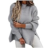 TTWOMEN Damen Langarm Pullover Halber Stehkragen Loser Einfarbiger Schlitz Dick