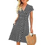 WXDSNH Damen Kleid Langer Rock V-Ausschnitt Kurzarm Taschendruck Lose Frühling Sommer Strand Maxi Casual Party Rob